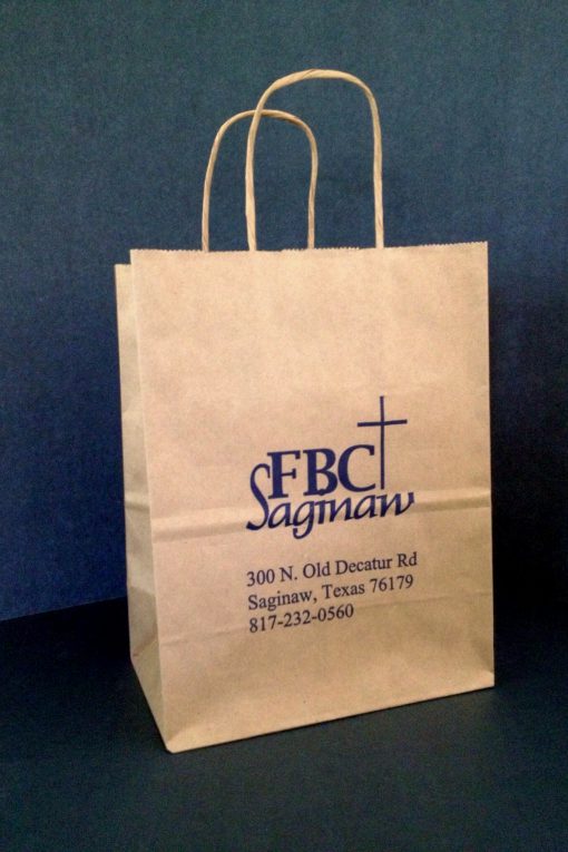 FBC Saginaw - Tan Kraft paper shopper 8x5x10-ink print 1c/1s