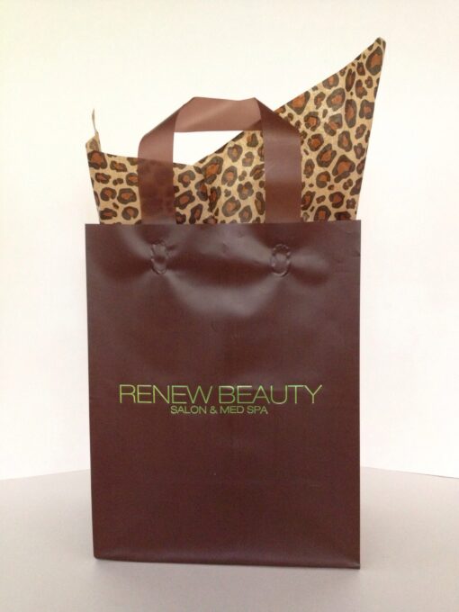 Espresso 8x5x10-Frosted Flexi Loop Handle bag-hot stamped met. Lime -Leopard tissue