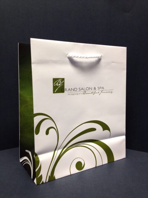 8x4x9"-Matte Laminated Euro style spa bag w/macrame handle and cardboard bottom-custom printed