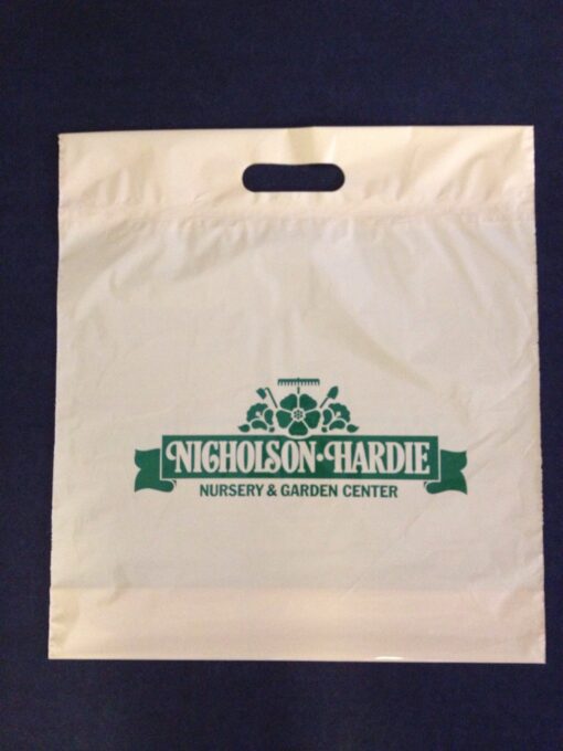 Nicholson Hardie Nursery-15x18x4-fold over die cut handle bag - ivory fil w/green ink