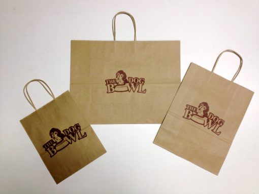 Dog Bowl-Natural Kraft paper shoppers printed 1 color brown ink-8x5x10"small-10x5x13" medium-16x6x12"large