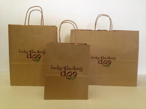 Lucky Dog Barkery-natural kraft paper shoppers-hot stamped 1 color matte green/ink print 1 color brown